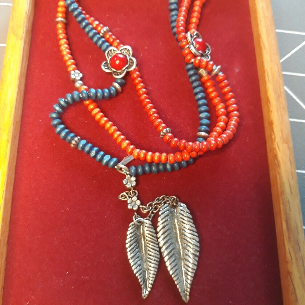 Three Strand Wood Bead Choker Leaf Charms Multi Beaded Necklace